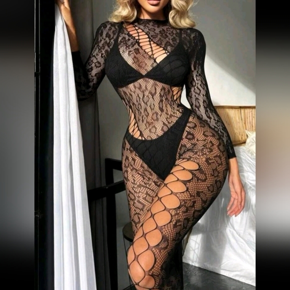 Black leopard print fishnet bodystocking. - Picture 1 of 6